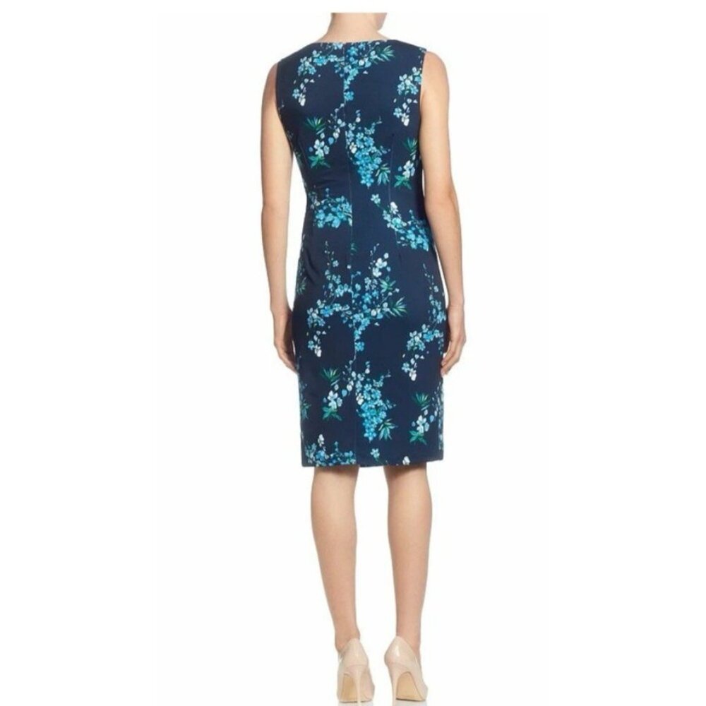 T Tahari Dress 10 Blue Floral Sleeveless Stretch Sheath Career Church Washable - Picture 2 of 9